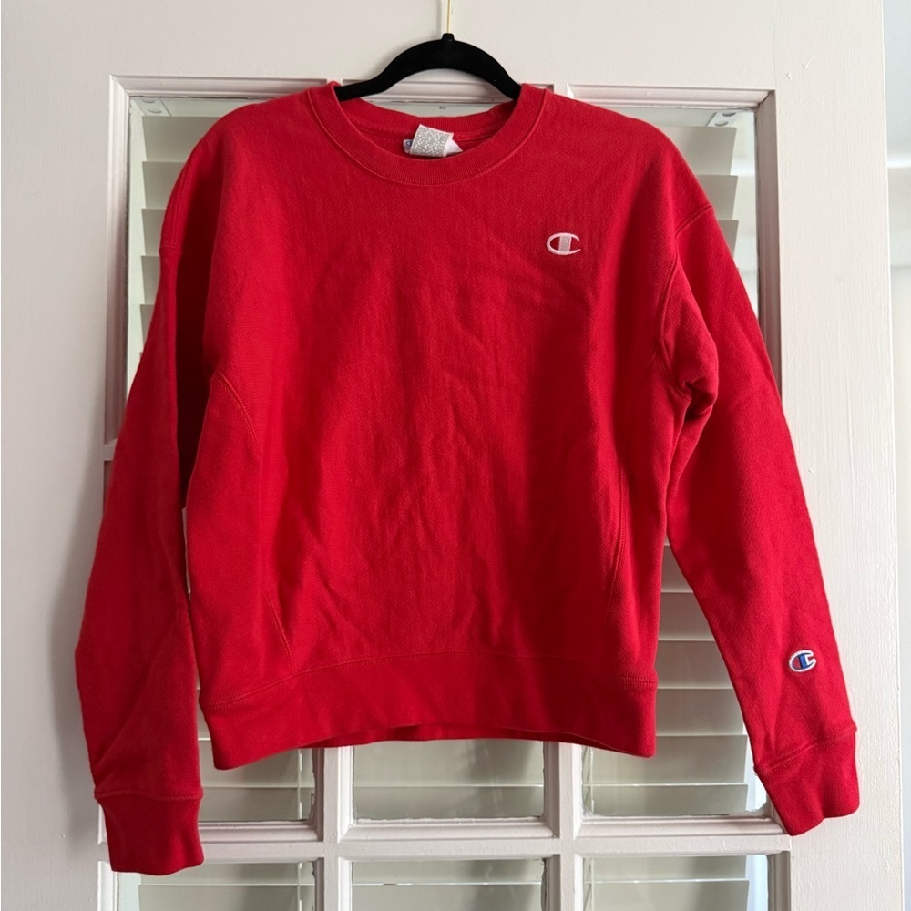 Champion Red Crewneck Sweater with Ribbed Cuffs